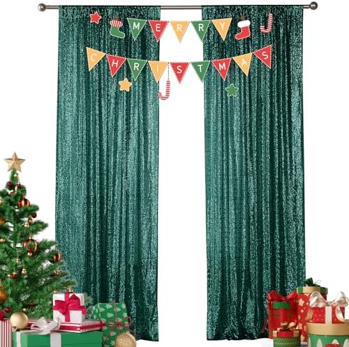 Dark Green Sequin Backdrop Curtain 2 Panels 2FTx8FT Glitter Dark Green Background Drapes Sparkle Photography
