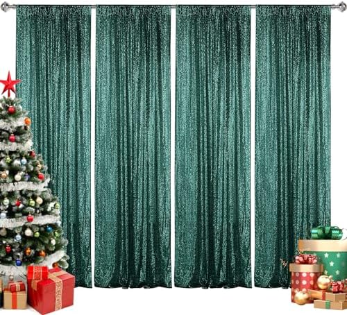 Dark Green Sequin Backdrop Curtain 4 Panels 2FTx8FT Glitter Dark Green Background Drapes Sparkle Photography