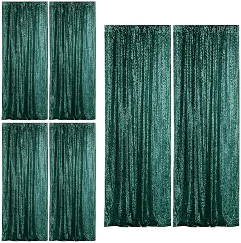 Dark Green Sequin Backdrop Curtain 6 Panels 2FTx8FT Glitter Dark Green Background Drapes Sparkle Photography