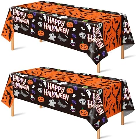 Decorations - 2 Pack Plastic Tablecloth for Halloween Party Decorations | Skeletons Bats Ghosts Pumpkin Table