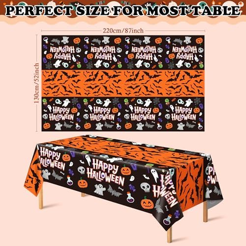 Decorations - 2 Pack Plastic Tablecloth for Halloween Party Decorations | Skeletons Bats Ghosts Pumpkin Table, alternate view