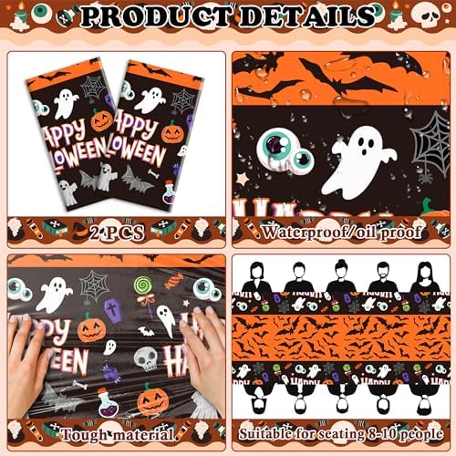 Decorations - 2 Pack Plastic Tablecloth for Halloween Party Decorations | Skeletons Bats Ghosts Pumpkin Table, alternate view