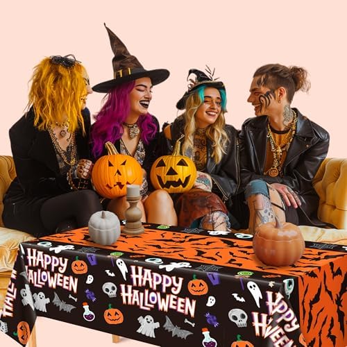 Decorations - 2 Pack Plastic Tablecloth for Halloween Party Decorations | Skeletons Bats Ghosts Pumpkin Table, alternate view