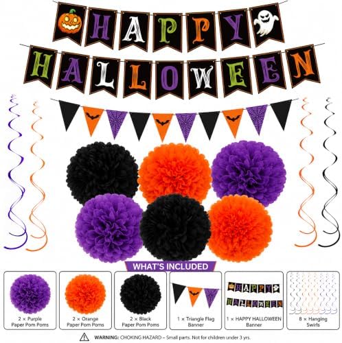 Decorations - HAPPY Banner with Hanging Swirls Pompoms, alternate view 4