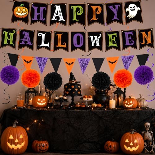 Decorations - HAPPY Banner with Hanging Swirls Pompoms, alternate view 6