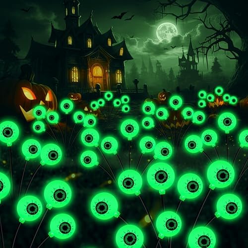 Decorations Outdoor, 8 Pack 48 LED Solar Scary Eyeball Swaying Lights, Green Solar Firefly Light Waterproof