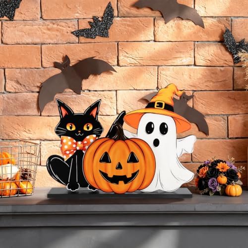 Decorations Wooden Ghost Table Sign Pumpkin Black Cat Table Centerpieces Standing Tabletop Decoration Happy for, alternate