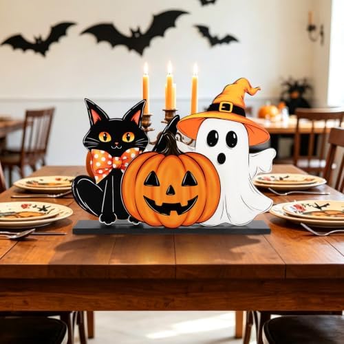 Decorations Wooden Ghost Table Sign Pumpkin Black Cat Table Centerpieces Standing Tabletop Decoration Happy for, alternate