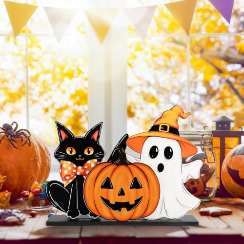 Decorations Wooden Ghost Table Sign Pumpkin Black Cat Table Centerpieces Standing Tabletop Decoration Happy for, alternate