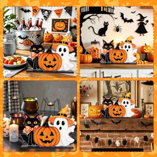 Decorations Wooden Ghost Table Sign Pumpkin Black Cat Table Centerpieces Standing Tabletop Decoration Happy for, alternate