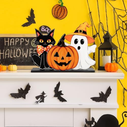 Decorations Wooden Ghost Table Sign Pumpkin Black Cat Table Centerpieces Standing Tabletop Decoration Happy for, alternate