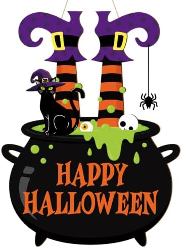 Decorations Wooden Happy Door Wreath for Front Door Sign Witch Feet Wall Signs, Black Cat Spider Welcome Sign