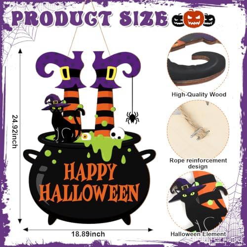 Decorations Wooden Happy Door Wreath for Front Door Sign Witch Feet Wall Signs, Black Cat Spider Welcome Sign, alternate view