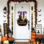 Decorations Wooden Happy Door Wreath for Front Door Sign Witch Feet Wall Signs, Black Cat Spider Welcome Sign, alternate view