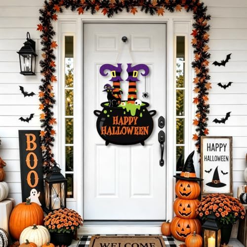 Decorations Wooden Happy Door Wreath for Front Door Sign Witch Feet Wall Signs, Black Cat Spider Welcome Sign, alternate view