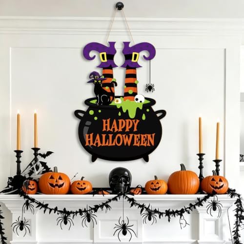 Decorations Wooden Happy Door Wreath for Front Door Sign Witch Feet Wall Signs, Black Cat Spider Welcome Sign, alternate view