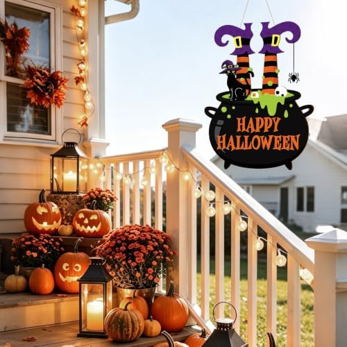 Decorations Wooden Happy Door Wreath for Front Door Sign Witch Feet Wall Signs, Black Cat Spider Welcome Sign, alternate view