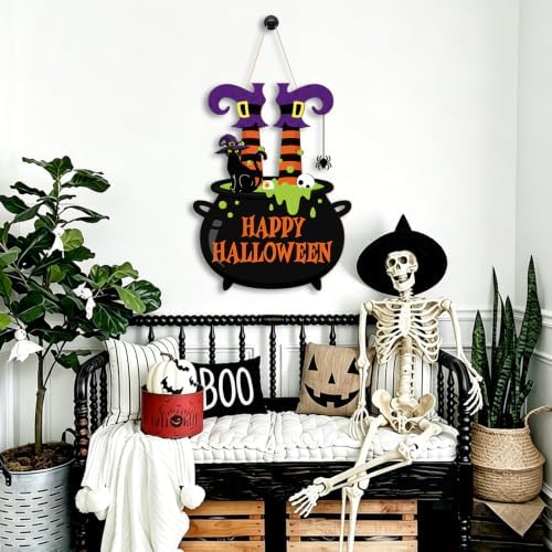 Decorations Wooden Happy Door Wreath for Front Door Sign Witch Feet Wall Signs, Black Cat Spider Welcome Sign, alternate view