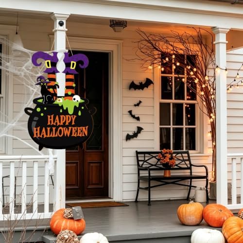 Decorations Wooden Happy Door Wreath for Front Door Sign Witch Feet Wall Signs, Black Cat Spider Welcome Sign, alternate view