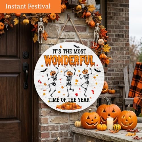 Decorations Wooden Sign for Home, Spooky Skeleton Pumpkin Sign, alternate view 2