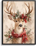 Deer Framed Christmas Wall Art, Reindeer with Red Scarf Canvas Pictures