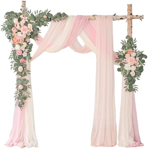 Deluxe Pink Artificial Wedding Arch Flowers with Drapes Kit-Pack of 5, 2pcs Flower Arrangements 3pcs Hanging