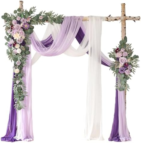 Deluxe Purple Artificial Wedding Arch Flowers with Drapes Kit-Pack of 5, 2pcs Flower Arrangements 3pcs Hanging