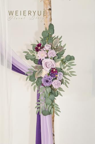 Deluxe Purple Artificial Wedding Arch Flowers with Drapes Kit-Pack of 5, 2pcs Flower Arrangements 3pcs Hanging, alternate
