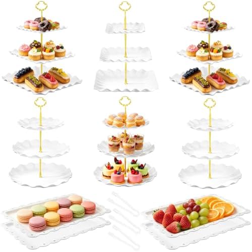 Dessert Table Display Set 13PCS, 3-Tier Cupcake Stand Set with Metal Gold Rods, 3 Round & 3 Square Dessert