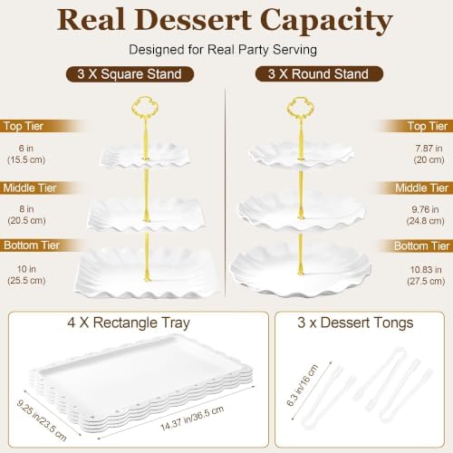 Dessert Table Display Set 13PCS, 3-Tier Cupcake Stand Set with Metal Gold Rods, 3 Round & 3 Square Dessert, alternate view 3