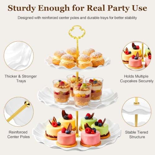 Dessert Table Display Set 13PCS, 3-Tier Cupcake Stand Set with Metal Gold Rods, 3 Round & 3 Square Dessert, alternate view 4