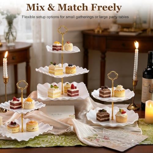 Dessert Table Display Set 13PCS, 3-Tier Cupcake Stand Set with Metal Gold Rods, 3 Round & 3 Square Dessert, alternate view 7