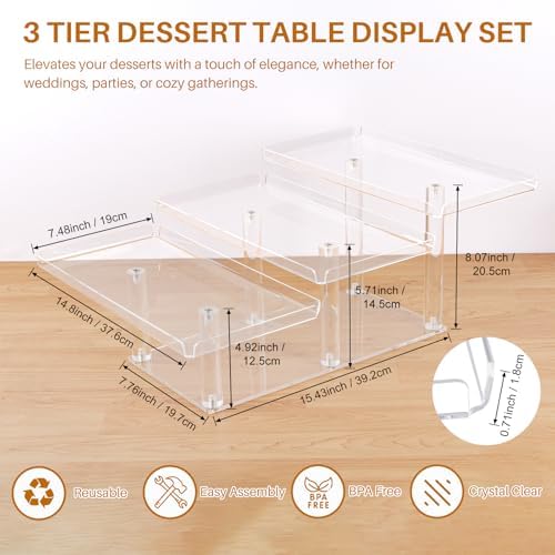 Dessert Table Display Set 3 Tier, Clear Acrylic Stands for Cupcakes Dessert Pastry Food Treat, Tiered Buffet, alternate view