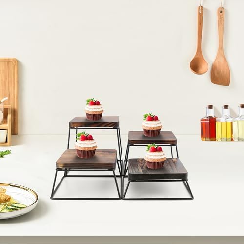 Dessert Table Risers Display Stands Food display Wood & Black Metal Square Retail Pizza, Cupcake, Candy Stands, alternate