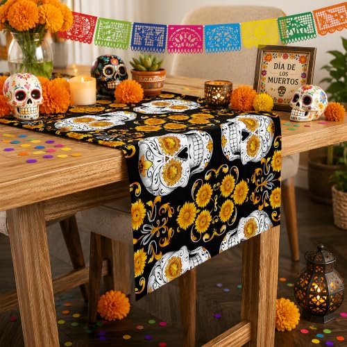 Dia De Los Muertos Decorations - Sugar Skull Table Runner with Banner, alternate view 2