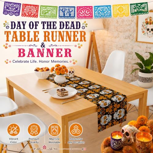 Dia De Los Muertos Decorations - Sugar Skull Table Runner with Banner, alternate view 6