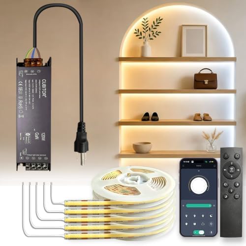 Diffused CCT COB LED Light Strip,5Rolls*6.56FT,2700K-6500K Dimmable, Smart Transformer Support Remote/App/Alexa