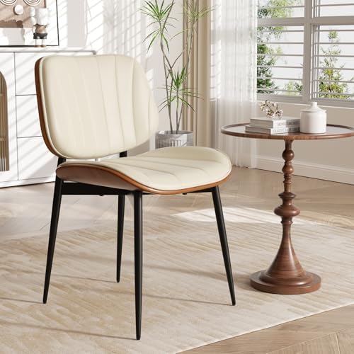 Dining Chair, Mid Century Modern Dining Room Chairs, Upholstered Faux Leather Kitchen Chairs with Walnut