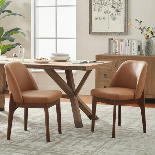 Dining Chairs Set of 2, Faux Leather Wooden Kitchen Chairs, Brown in Brown
