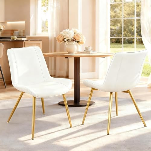Dining Chairs Set of 2 PU Leather Armless Pearl White, Gold Legs in Pearl White With Gold Legs, alternate view 2