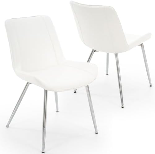 Dining Chairs Set of 2, PU Leather Armless White with Silver Legs in Seat: 20.4" W X 16.5" D in White With