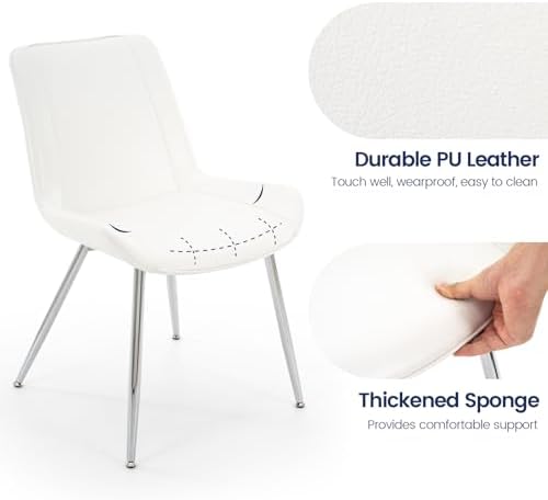 Dining Chairs Set of 2, PU Leather Armless White with Silver Legs in Seat: 20.4" W X 16.5" D in White With, alternate view 4