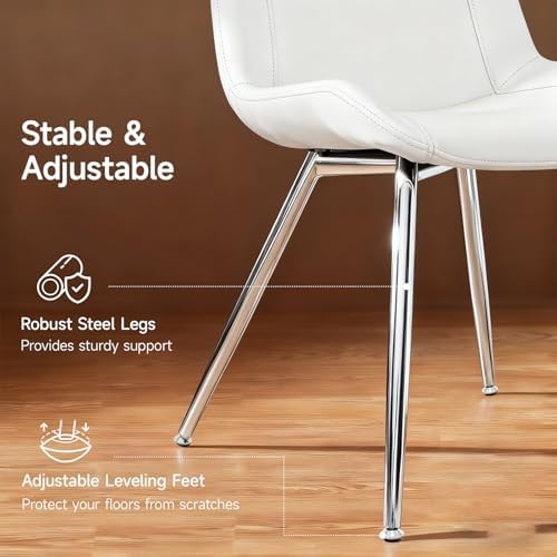 Dining Chairs Set of 2, PU Leather Armless White with Silver Legs in Seat: 20.4" W X 16.5" D in White With, alternate view 5