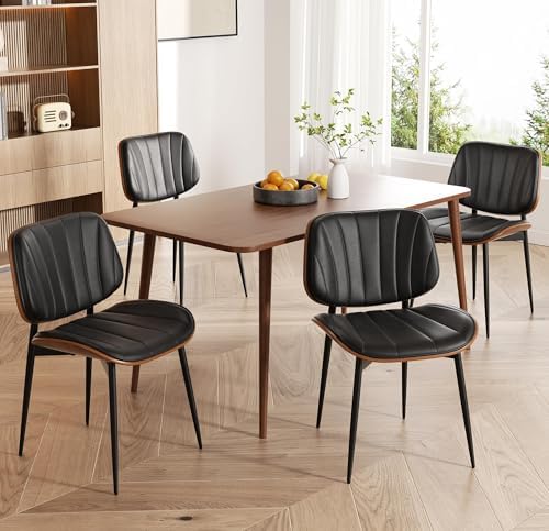 Dining Chairs Set of 4, Mid Century Modern Dining Room Chair, Upholstered Faux Leather Kitchen Chair with Walnut