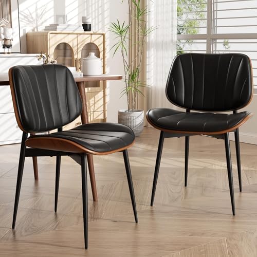 Dining Chairs Set of 4, Mid Century Modern Dining Room Chair, Upholstered Faux Leather Kitchen Chair with Walnut, alternate
