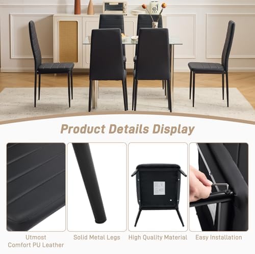 Dining Chairs Set of 6, PU Leather & High Back, Black in Black, alternate view 3
