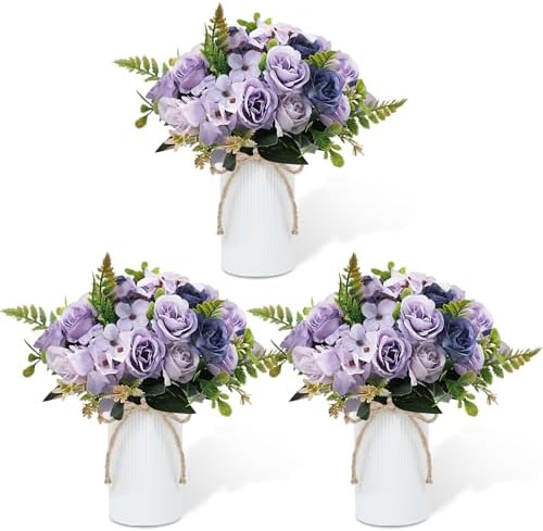 Dining Table Centerpiece Sets 3 Artificial Rose Bouquet with Vase - Farmhouse 6 Pcs Silk Flowers and 3 Pcs Metal