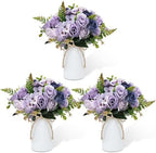Dining Table Centerpiece Sets 3 Artificial Rose Bouquet with Vase - Farmhouse 6 Pcs Silk Flowers and 3 Pcs Metal