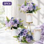 Dining Table Centerpiece Sets 3 Artificial Rose Bouquet with Vase - Farmhouse 6 Pcs Silk Flowers and 3 Pcs Metal, alternate