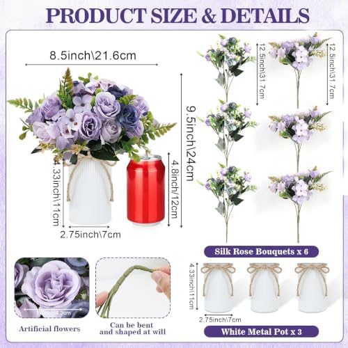 Dining Table Centerpiece Sets 3 Artificial Rose Bouquet with Vase - Farmhouse 6 Pcs Silk Flowers and 3 Pcs Metal, alternate